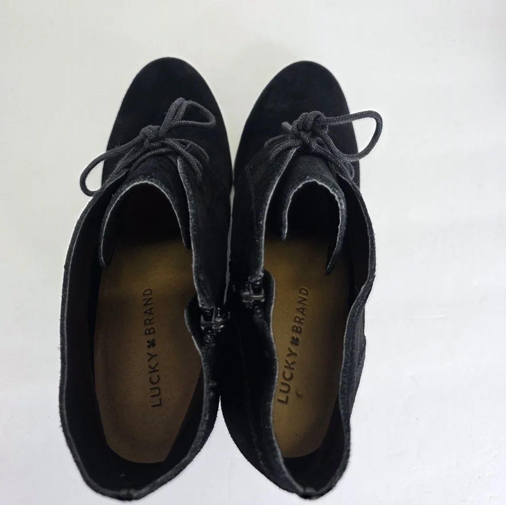 Lucky Brand Ankle Booties Shylow Women’s Black Wedge Suede Lace Up Zip Size 10M‎
